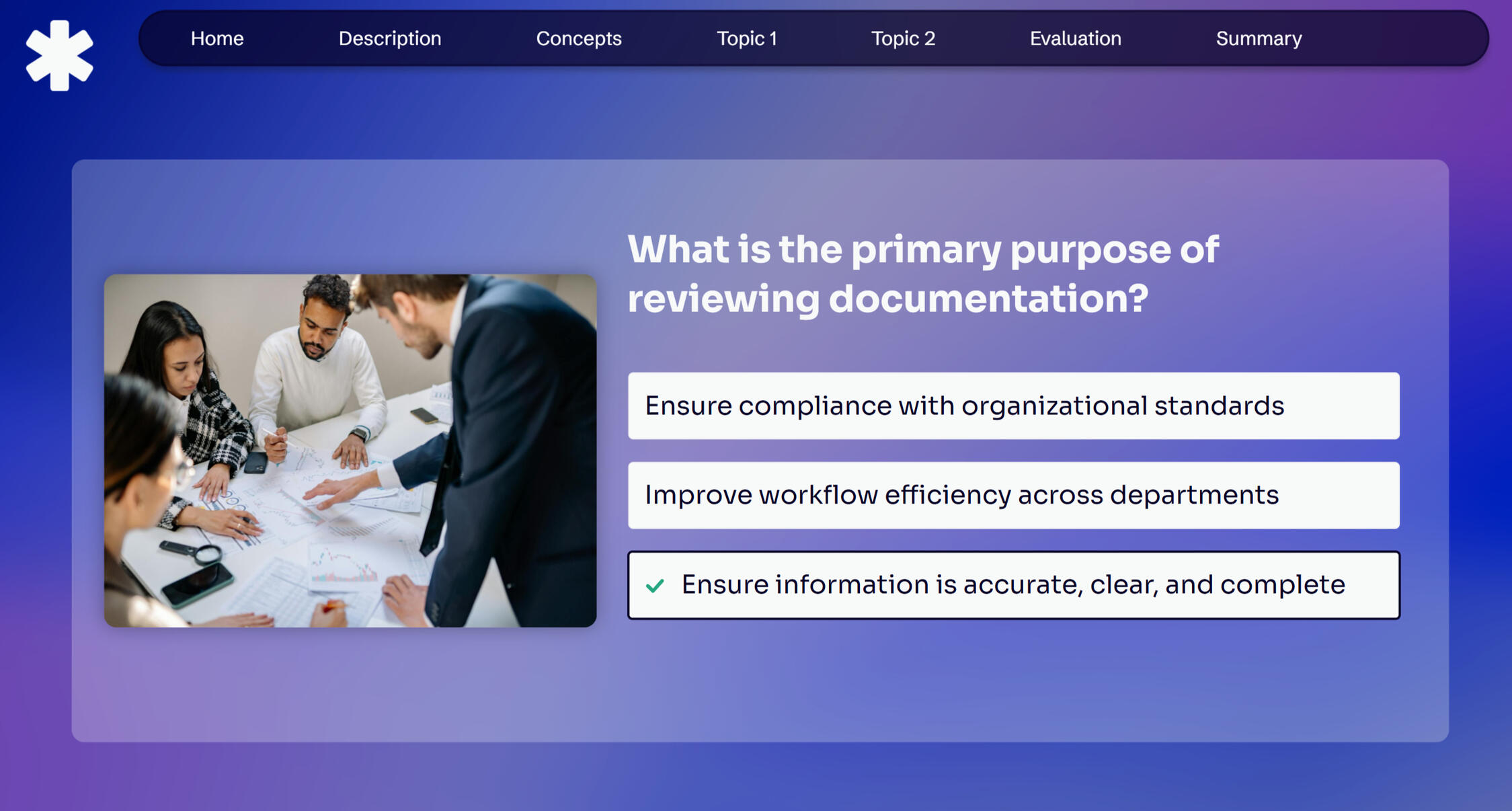 Interactive eLearning quiz slide showing a knowledge check with selected correct answer on documentation review