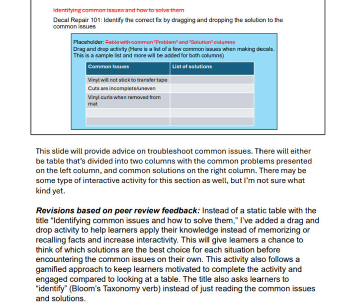Updated slide titled ‘Decal Repair 101’ showing a table of common issues and solutions for vinyl decals, with notes about added interactivity and feedback-based revisions.