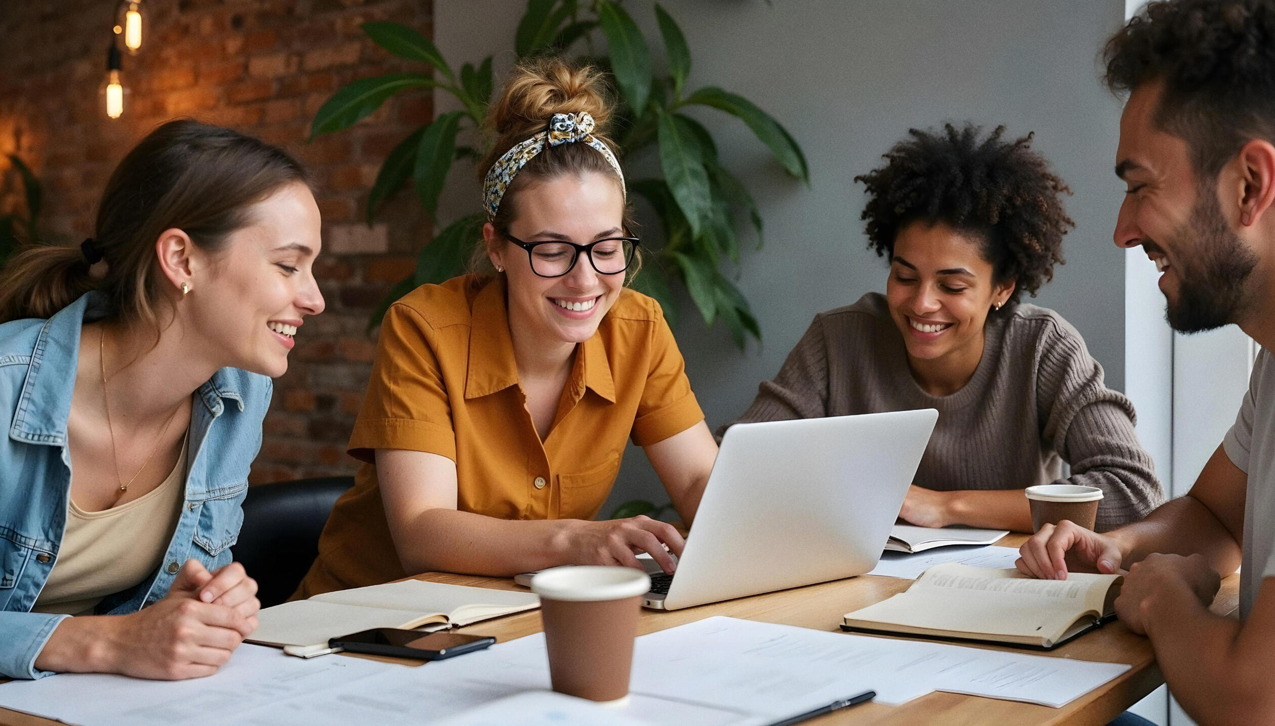Four smiling people collaborating around a laptop at a table with notebooks and coffee cups.