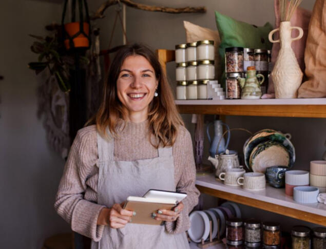 Smiling woman in an apron standing in her cozy shop surrounded by candles, ceramics, and handmade goods, holding a notebook and tablet.
